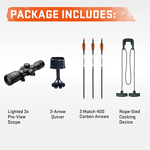 Wicked Ridge Rampage XS Crossbow Peak XT 390 FPS with Lighted Scope, Rope-Sled, Tactical Stock & 3 Arrows Peak Camo