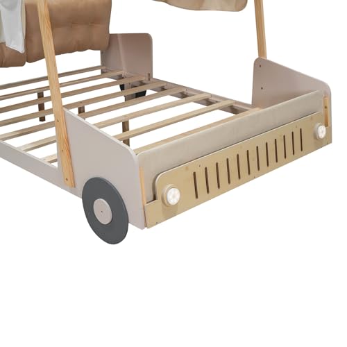 YOPTO Kids Car-Shaped Floor Bed with LED Lights & Magazine Holder Natural