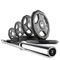 XMark Combo Offer 115 lb Set of BLACK DIAMOND Premium Quality Rubber Coated Olympic Weight Plates with 7 ft Deadlift VOODOO Commercial Olympic Bar 08) BAR and 115 lb Set