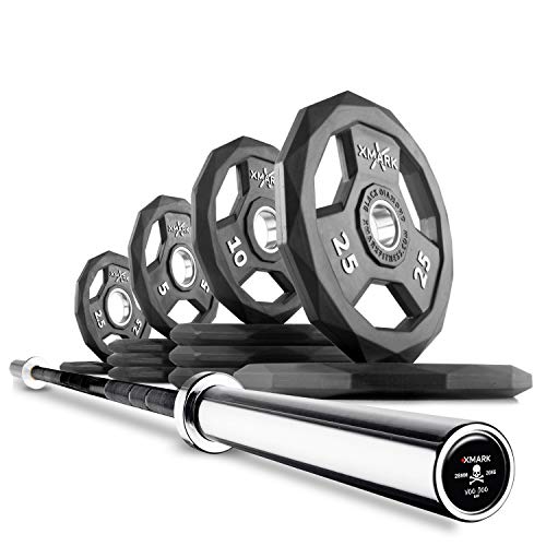 XMark Combo Offer 115 lb Set of BLACK DIAMOND Premium Quality Rubber Coated Olympic Weight Plates with 7 ft Deadlift VOODOO Commercial Olympic Bar 08) BAR and 115 lb Set