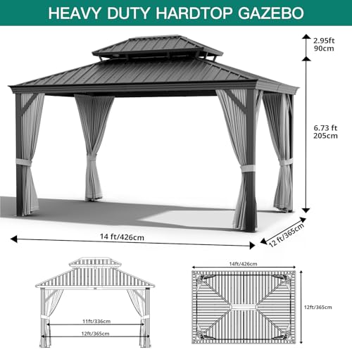 GAOMON 12x14ft Hardtop Gazebo Heavy Duty Double Roof Outdoor Garden Gray