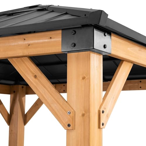 Sunjoy Hardtop Gazebo 9x9 ft Cedar Frame with Brown Steel Roof Natural Wood