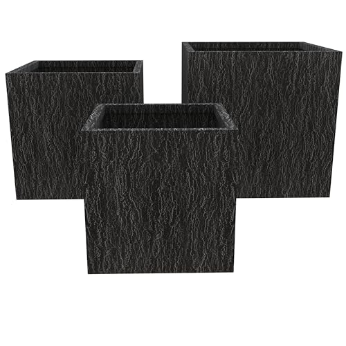LeisureMod Verdura Mid-Century Modern 3-Piece Fiberstone Planter Set Black