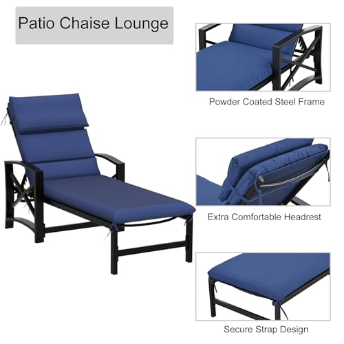 LOKATSE HOME Patio Chaise Lounge Chairs Set of 6 Adjustable with Cushions Blue