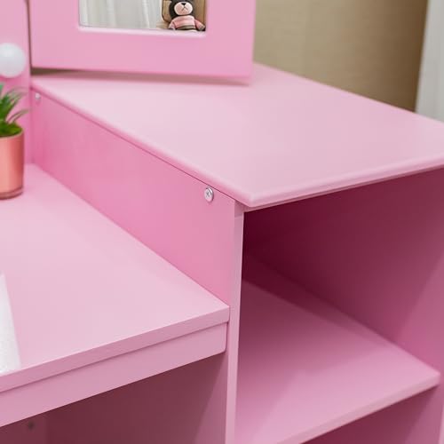 JoanKaren Kids Vanity Table 2-in-1 Princess Makeup Desk with Touch Light Pink With Crown