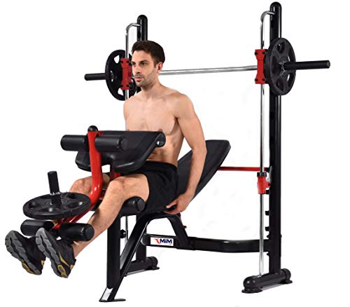 MiM USA Adjustable Olympic Weight Bench Press Set with Leg Extension, Preacher Curl, Squat Rack w/Smith Structure - Black Red