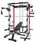 EonfitOmni Smith Machine Squat Rack with Cable Crossover Red/Black Bench