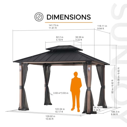 Sunjoy Hardtop Gazebo 10x12 ft with LED Lights, Remote Control & Netting Black