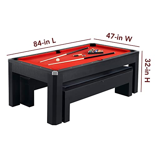Hathaway Park Avenue 7-ft Pool Table Tennis Combination with Dining Top, Two Storage Benches - Black and Red Felt