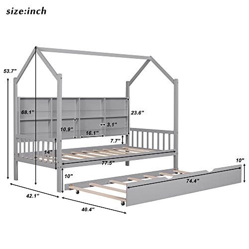 Acosure Metal House Bed Frame with Roof and Slats Support, Montessori Design, Full Size, Grey