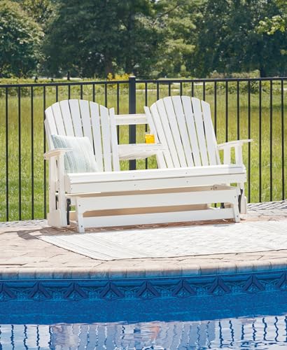 Signature Design by Ashley Hyland Wave Outdoor Glider Loveseat with Drop Down Table and Cup Holders White