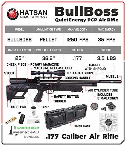 Wearable4U Hatsan BullBoss QE .177 Cal Air Rifle Bundle with Scope, Targets, Pellets & Hard Case