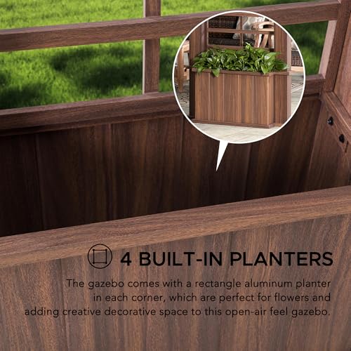 Sunjoy Hardtop Gazebo Aluminum Frame with Planters 13 ft. x 15 ft. Brown