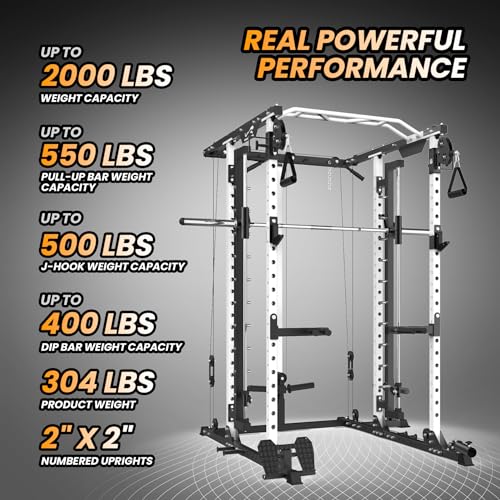 STMHOM Power Cage Smithbar White, 2000 Lbs Power Rack with Cable Crossover System, Multi-Functional Squat Rack with LAT Pulldown for Home Gym