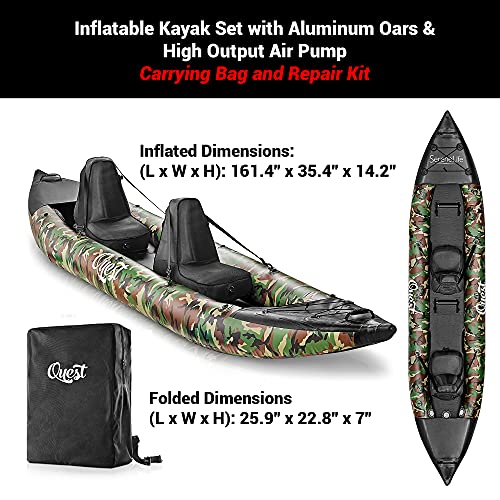 SereneLife 2 Person Inflatable Kayak - Double Kayak with Aluminum Paddles, Repair Kit - Lightweight, Portable Adult Kayaks with High-Output Pump - Durable Vinyl Kayak for Lake, Mild River - Camo