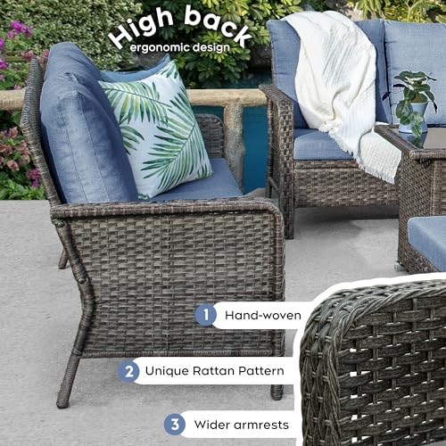 Yechen Patio Conversation Set with 44" Propane Fire Pit Table - 6 Pcs Blue Wicker Outdoor Furniture