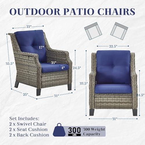Patio Club Chair Wicker Chairs with 2 Ottomans Grey Black Mid-Century Modern Rattan Black