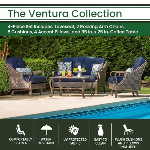 Hanover Ventura Outdoor 4-Piece Patio Furniture Set with Loveseat, 2 Rocking Chairs, Navy Cushions and Ceramic Tile Coffee Table Navy