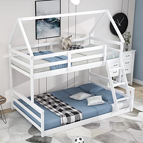 Acosure Twin Over Full Bunk Bed with Ladder & Guardrail, Convertible to 2 Beds, White