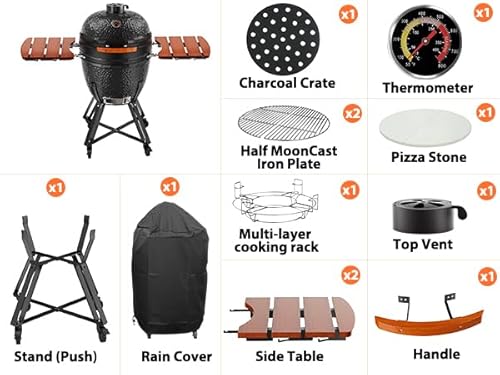 ROOMTEC 18-Inch Kamado Ceramic Charcoal Grill Portable with Cart and Side Shelves Black-B