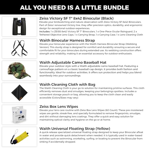 ZEISS 8x42 Victory SF Binoculars Bundle Set for Bird Watching with Harness Strap, Camo Hat, Cleaning Cloth, Lens Wipes, and Floating Strap