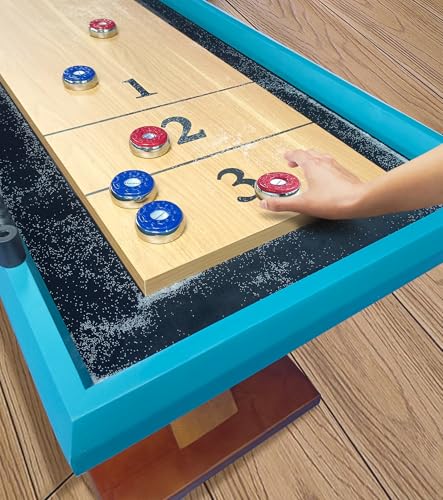 Beneouya Shuffleboard Table Curved Base Blue Top with 8 Pucks