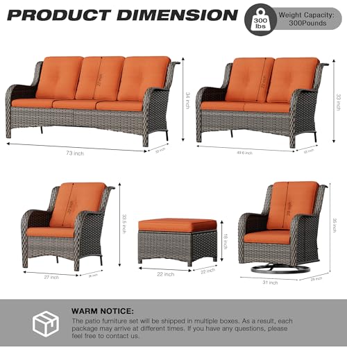 Joyside 7-Piece Wicker Patio Furniture Set with Sofa, Armchairs, Ottomans Orange