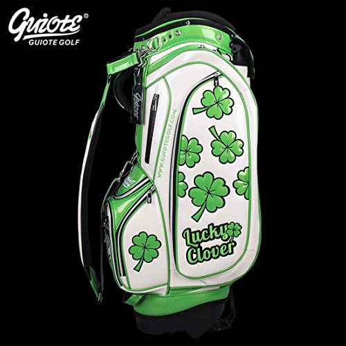 Guiote Golf Stand Bag Pu Leather Golf Carry Bag Embroidery Series 8-Ways 9.0" White Lucky Clover