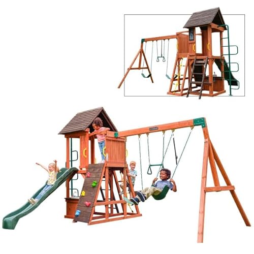 KidKraft Raptor Trail Wooden Swing Set with Twisty Ladder, Wavy Slide, Rock Wall Brown