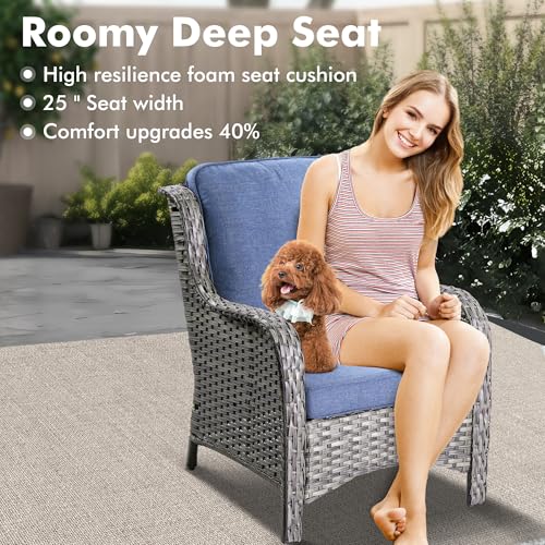 XIZZI 6-Piece Patio Furniture Set with Swivel Rocking Chairs, All Weather Wicker, Grey Rattan Denim Blue