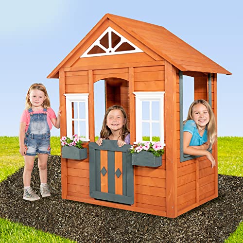 Sportspower Woodbridge Wooden Outdoor Playhouse with Flower Boxes Red