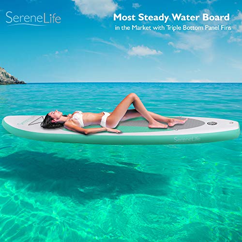 SereneLife Inflatable Board (6 Inches Thick) | Premium SUP Accessories & Carry Bag | Wide Stance, Bottom Fin | Non-Slip Deck | Youth & Adult Standing Boat