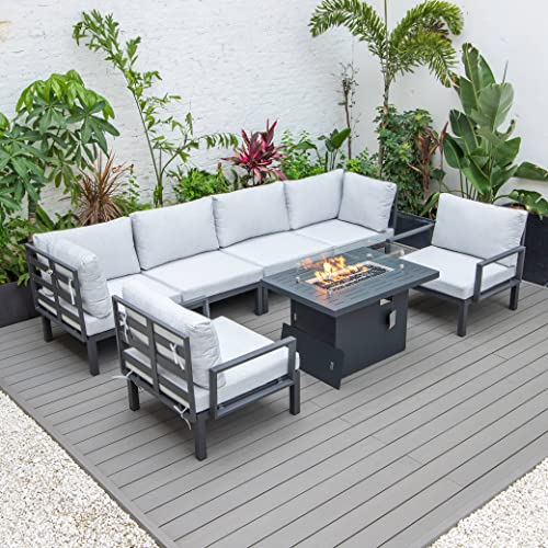 LeisureMod Hamilton Modern 7-Piece Modular Outdoor Sectional Set with Fire Pit Table Light Grey