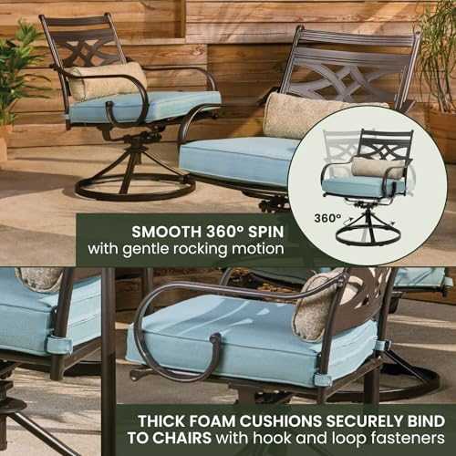 Hanover Montclair 7-Piece Outdoor Dining Set with 6 Swivel Rockers and Blue Cushions