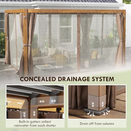 Outsunny 10' x 13' Louvered Pergola Hardtop Gazebo with Adjustable Aluminum Roof, Natural Wood