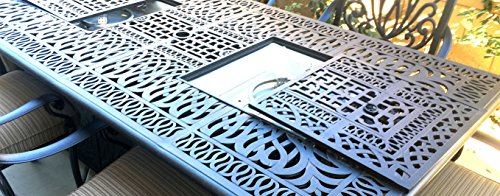 Sunvuepatio 9 Piece Outdoor Dining Set Elisabeth Cast Aluminum Fire Pit Table with Umbrella Hole Desert Bronze