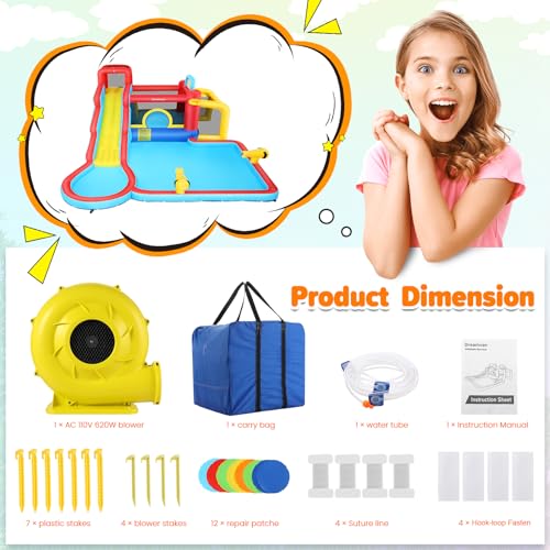 AKEYDIY Inflatable 10-in-1 Bounce House Water Slide with Splash Pool & 620W Blower