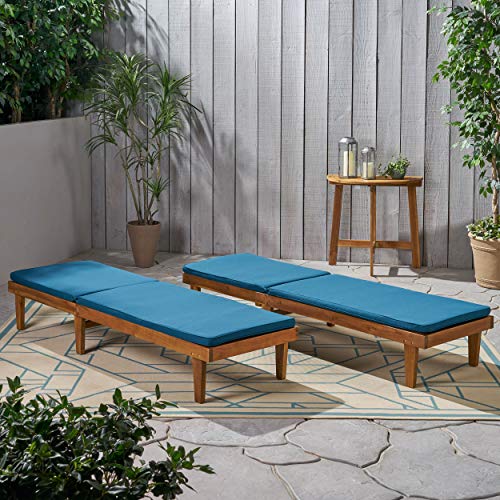 Christopher Knight Home Madge Outdoor Chaise Lounge with Cushion Set of 2 Teak Finish Blue