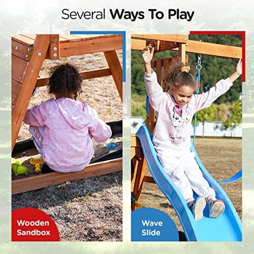 DOLPHIN PLAYGROUND T Wooden Swing Set with Slide & Climbing Wall for Kids Ages 3-9