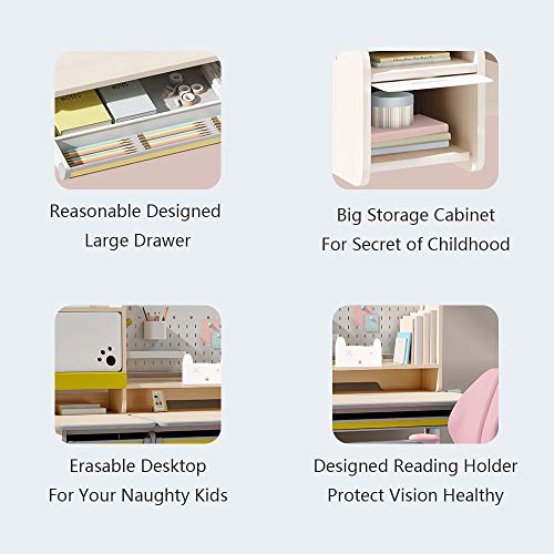 FCD Wood Ergonomic Kids Study Desk and Chair Set, Height Adjustable, 47" Tiltable Desktop with Bookshelf and Hutch, Multi-Function Pink Chair