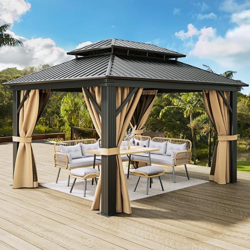 DWVO 12x14ft Hardtop Gazebo Double Roof with Nettings and Curtains Brown