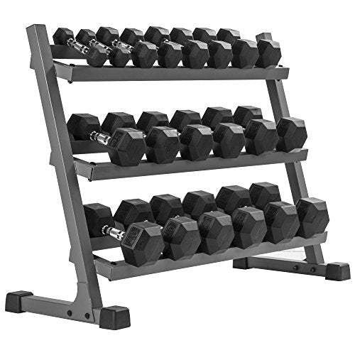 XMark Rubber Hex Dumbbell Weights Set 10 Pair 5-50 lbs With Storage Rack Black