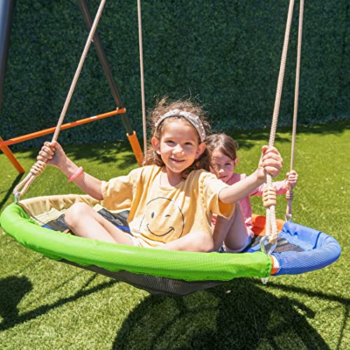 Jungle Warrior Anaconda Metal Swing Set with Saucer & Sling Swings, Rock Wall, 5ft Slide Orange/Green/Grey