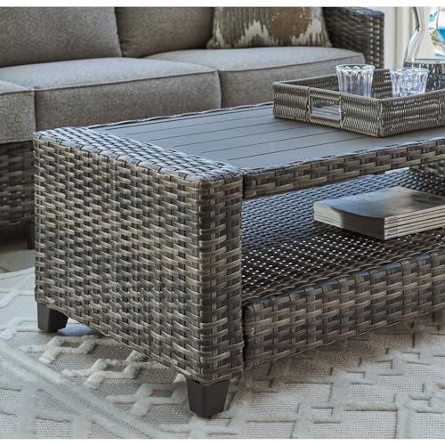 Signature Design by Ashley Oasis Court Outdoor Sofa Chair Table Set 4-Piece with Cushions and Pillows Grey