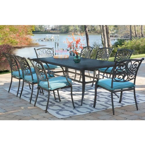 Hanover Traditions 9-Piece Outdoor Dining Set with Blue Cushions