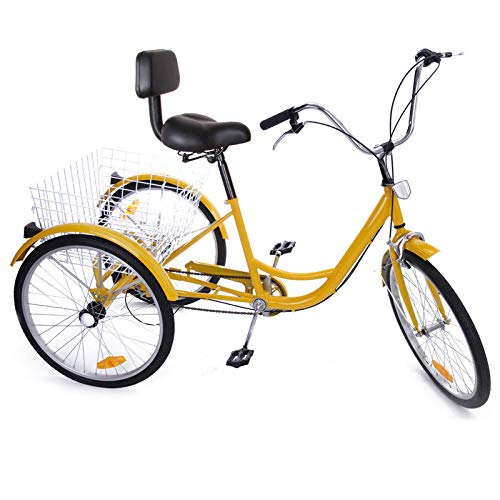 FVSTR GEESEN 24 Inch Adult Tricycle Trike 3 Wheel Bike 6 Speed Shift 6-Speed Gears, Scout Trike + Shopping Basket Yellow