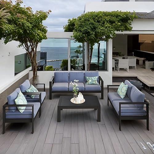 Solaste Aluminum Patio Furniture Set 7 Seats Modern Outdoor Sectional Sofa with Coffee Table Blue Cushion