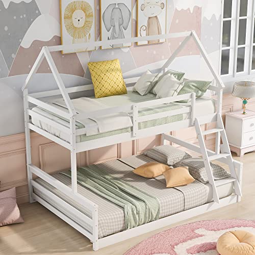 Acosure Twin Over Full Bunk Bed with Ladder & Guardrail, Convertible to 2 Beds, White