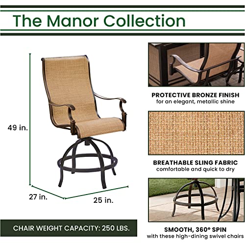 Hanover Manor 3-Piece Outdoor Dining Set with Sling Swivel Rockers and Bistro Table Tan/Bronze