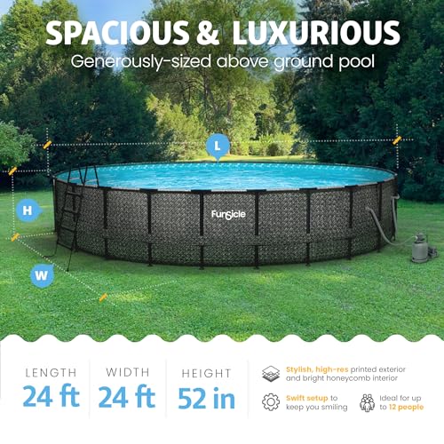 Funsicle Oasis Designer Round Frame Above Ground Pool with Filter Pump and Cover Dark Herringbone